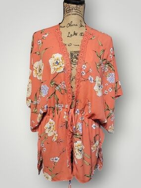 L.I.F.E. Floral Lace-Trim Coral Cover Up TOP SIZE 2X